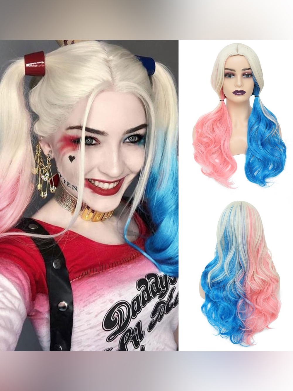 Harley Quinn Adult Synthetic Wig Halloween Cosplay Pink Blue Suicide Squad